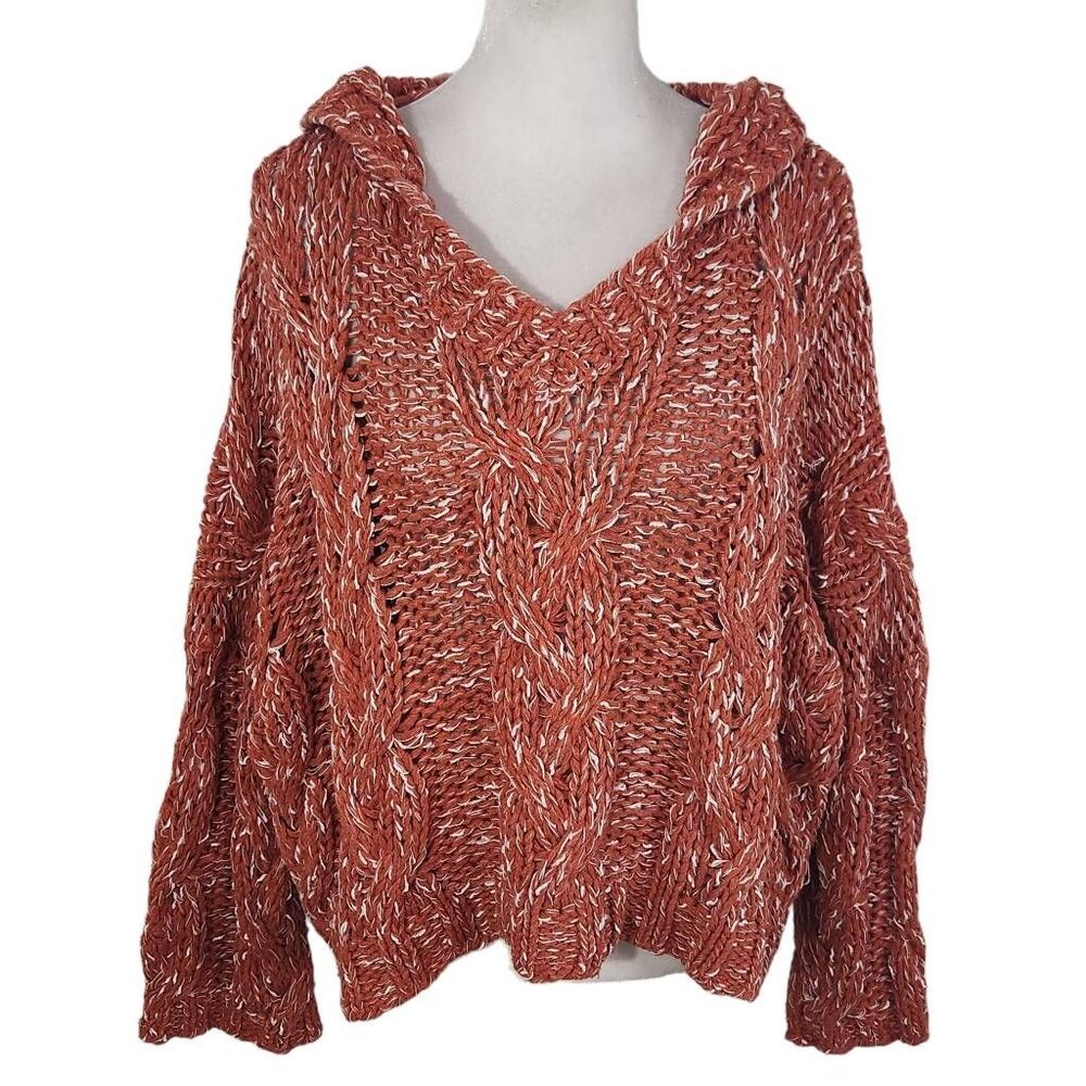 Hyfve Coral Red Chunky Knit Cropped Sweater Hoodie Size Small Oversized Pullover